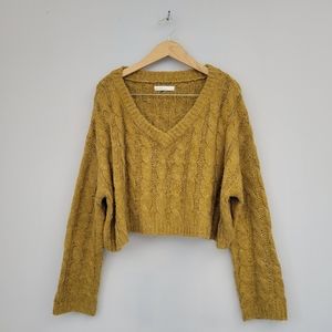 Oak + Fort Cropped Oversized Sweater Cable Knit Mustard Yellow Medium